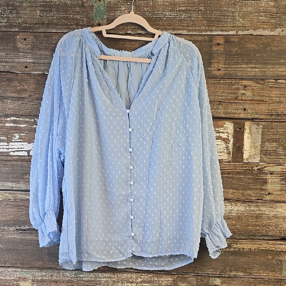 Light Blue Swiss Dot Button-Front Blouse